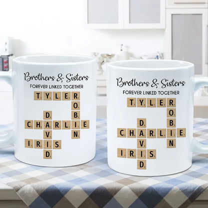 Brothers And Sisters Forever Linked Together Crossword Puzzle Art Personalized Mug, Gift For Brothers, Sisters, Siblings, Family