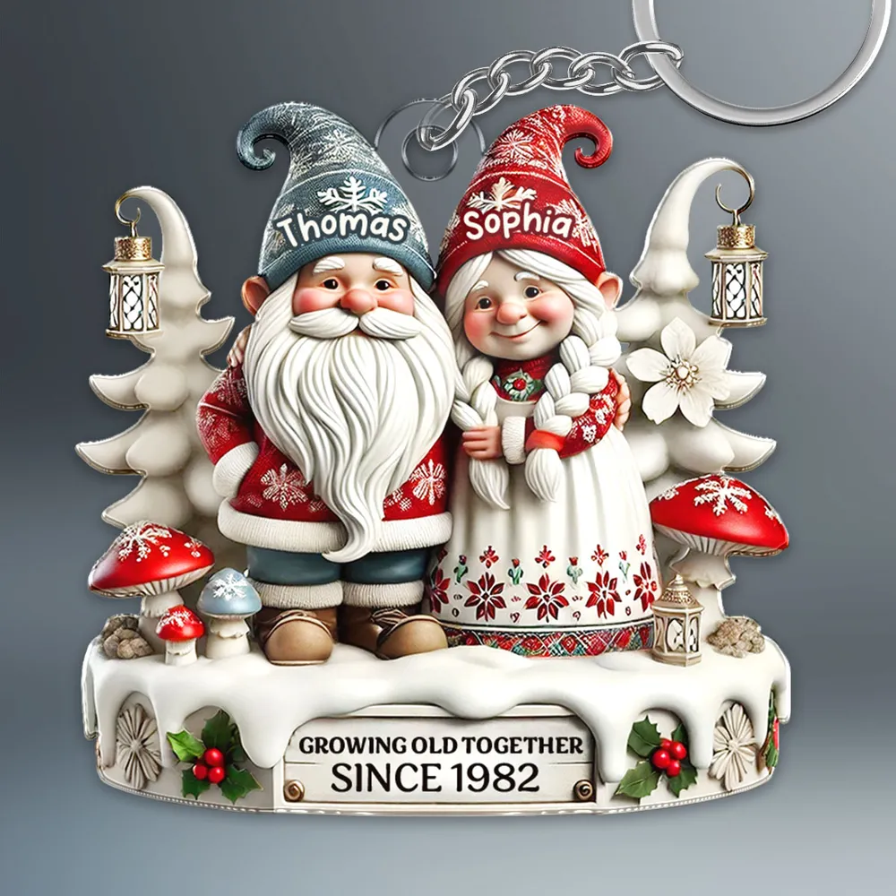 3D Effect Gnome Couple Together Personalized Acrylic Keychain, Gift For Him, For Her, Husband, Wife