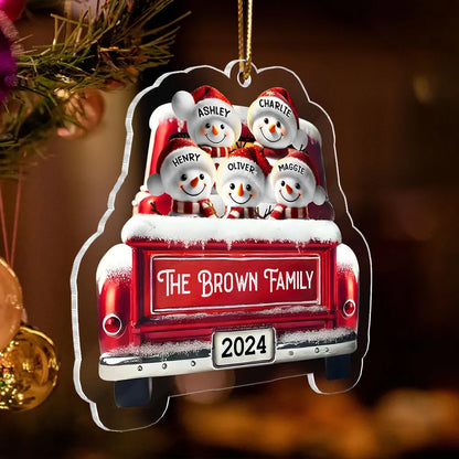 Personalized Snowman Family Acrylic Christmas Ornament, Red Truck Custom Name 3D Effect Ornament