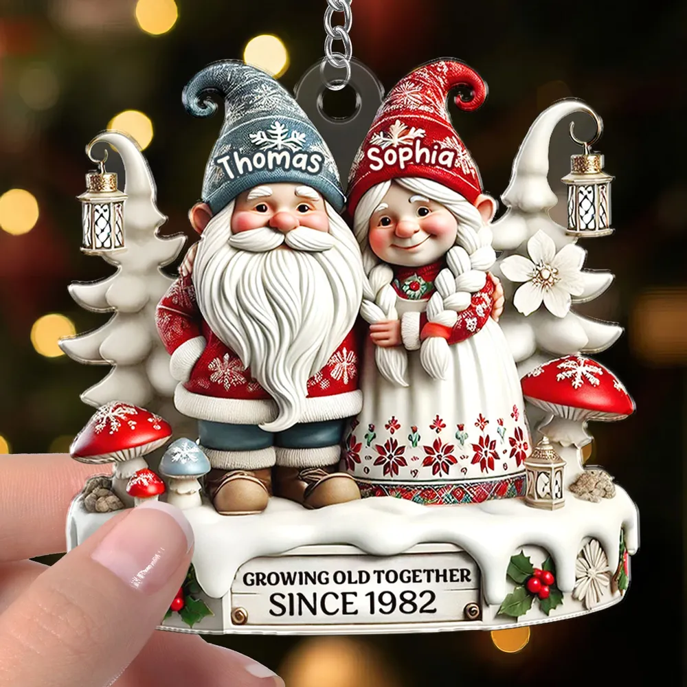 3D Effect Gnome Couple Together Personalized Acrylic Keychain, Gift For Him, For Her, Husband, Wife