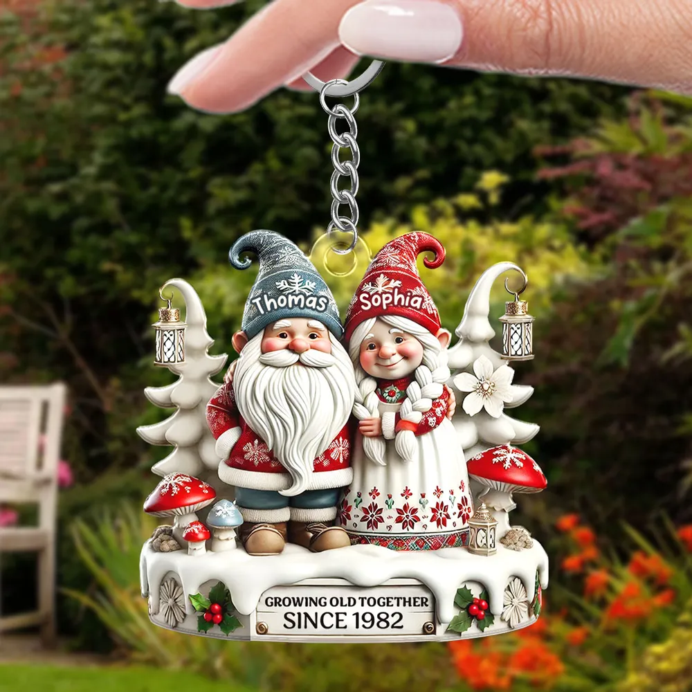 3D Effect Gnome Couple Together Personalized Acrylic Keychain, Gift For Him, For Her, Husband, Wife