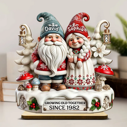 3D Effect Gnome Couple Together Personalized Standing Wooden Plaque, Heartfelt Gift For Couple, For Him, For Her, Husband, Wife