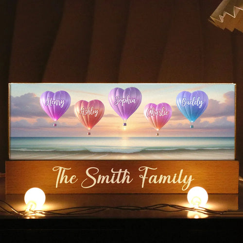Personalized Family Heart Air Balloons At Beach Acrylic Block LED Night Light, Gift for Family, Dad, Mom, Wife, Husband