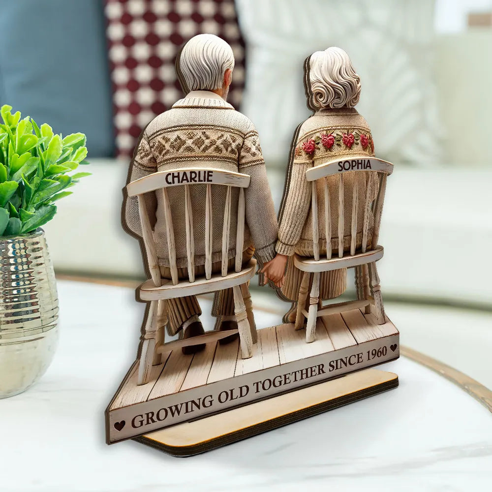 3D Effect Old Couple Holding Hands Sitting Together Personalized Standing Wooden Plaque, Heartfelt Anniversary Gift, Valentine's Day Gift For Couple, For Him, For Her, Husband, Wife