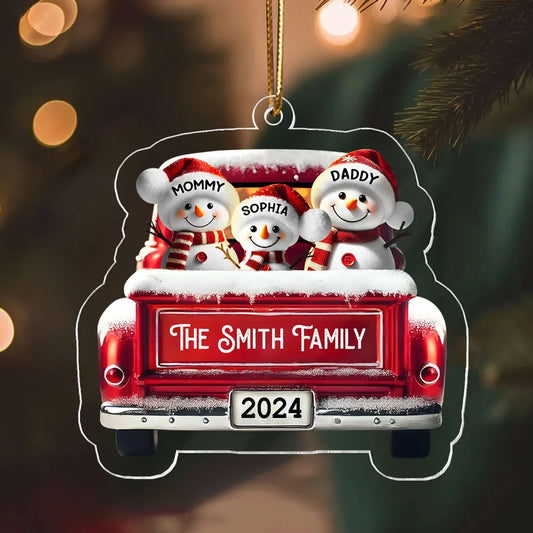 Personalized Snowman Family Acrylic Christmas Ornament, Red Truck Custom Name 3D Effect Ornament