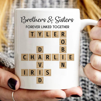 Brothers And Sisters Forever Linked Together Crossword Puzzle Art Personalized Mug, Gift For Brothers, Sisters, Siblings, Family