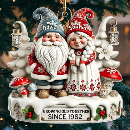 3D Effect Gnome Couple Together Christmas Personalized Flat Acrylic Ornament, Christmas Gift For Him, For Her, Husband, Wife