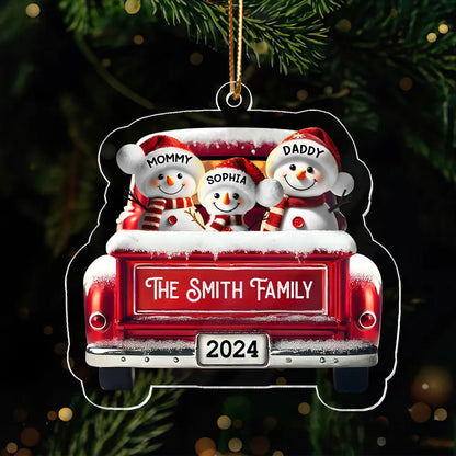 Personalized Snowman Family Acrylic Christmas Ornament, Red Truck Custom Name 3D Effect Ornament