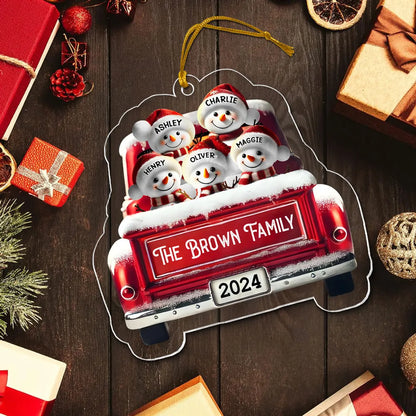 Personalized Snowman Family Acrylic Christmas Ornament, Red Truck Custom Name 3D Effect Ornament