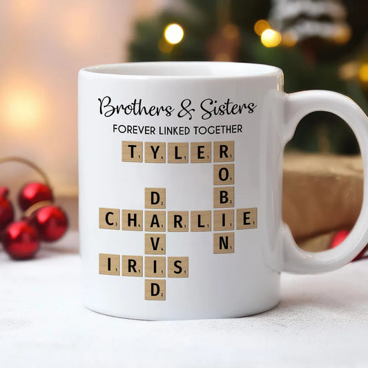 Brothers And Sisters Forever Linked Together Crossword Puzzle Art Personalized Mug, Gift For Brothers, Sisters, Siblings, Family