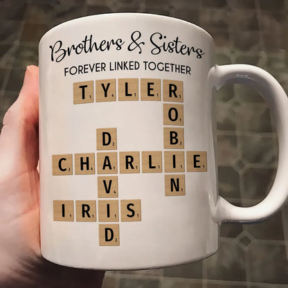 Brothers And Sisters Forever Linked Together Crossword Puzzle Art Personalized Mug, Gift For Brothers, Sisters, Siblings, Family