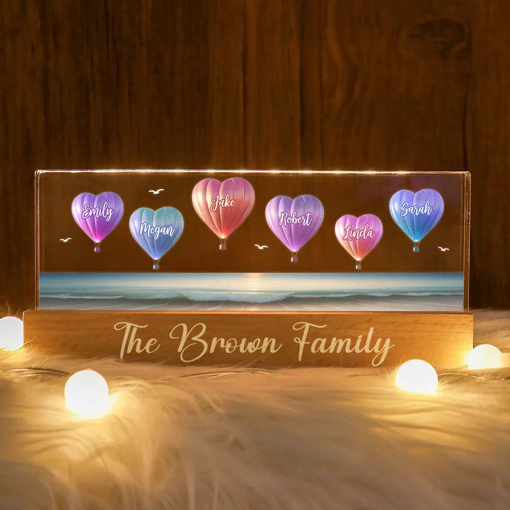 Personalized Family Heart Air Balloons At Beach Acrylic Block LED Night Light, Gift for Family, Dad, Mom, Wife, Husband