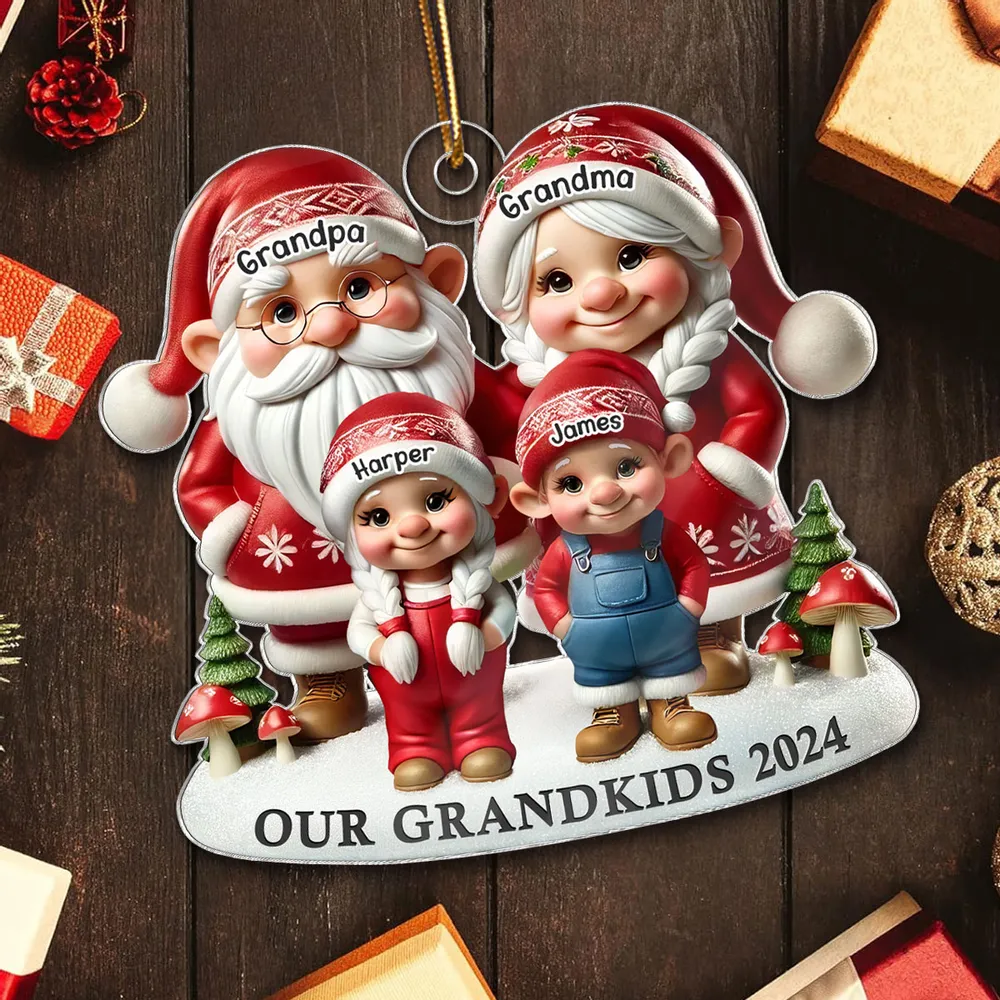 3D Effect Gnome Grandma Grandpa And Grandkids Christmas Personalized Flat Acrylic Ornament