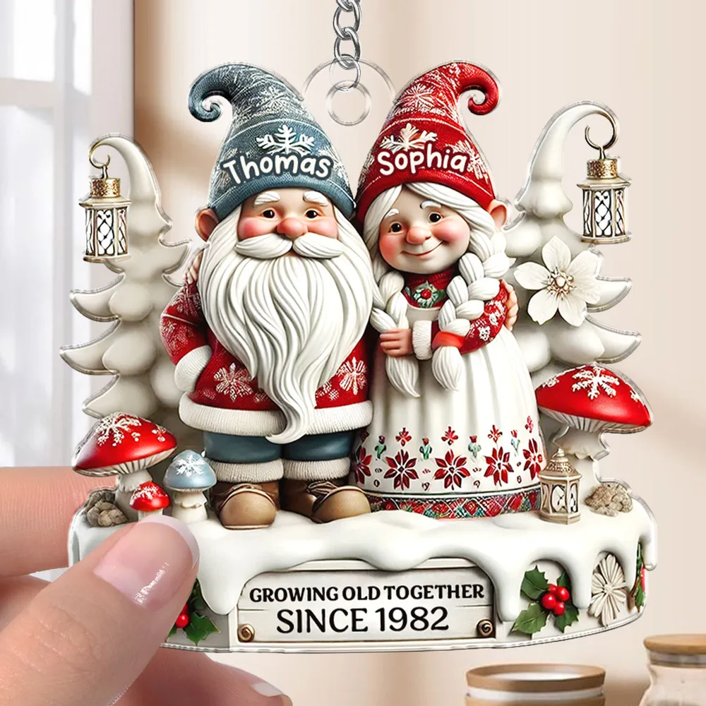 3D Effect Gnome Couple Together Personalized Acrylic Keychain, Gift For Him, For Her, Husband, Wife