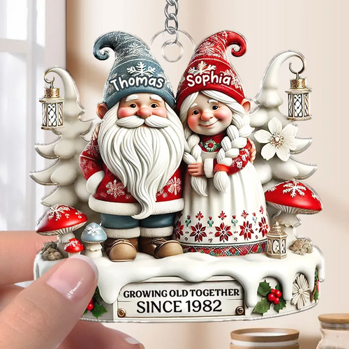 3D Effect Gnome Couple Together Personalized Acrylic Keychain, Gift For Him, For Her, Husband, Wife