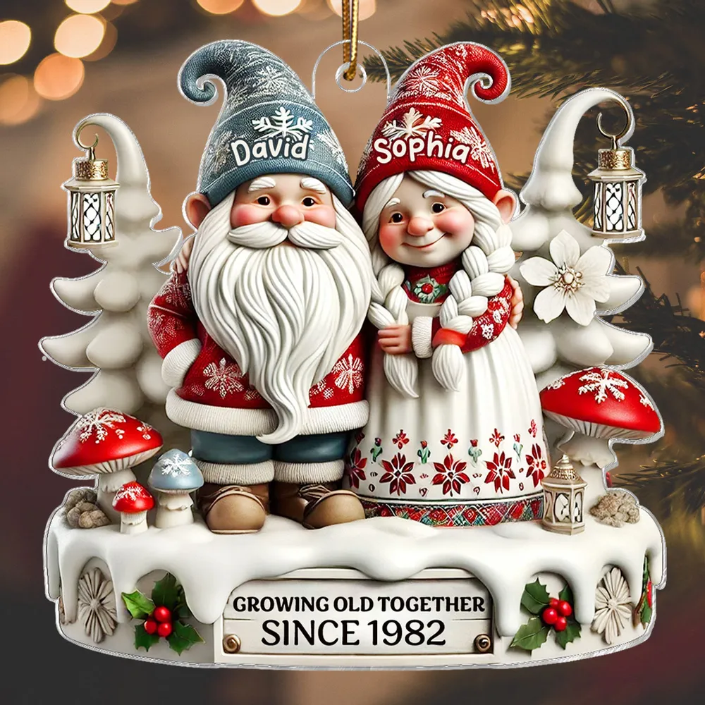 3D Effect Gnome Couple Together Christmas Personalized Flat Acrylic Ornament, Christmas Gift For Him, For Her, Husband, Wife