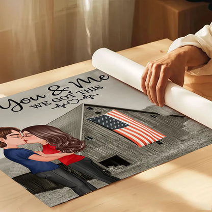 Retro Barn American Flag Thin Blue Line Hero Couple Personalized Poster, Anniversary Valentine's Day Gift For Him, Her, Husband, Wife, Proud Occupation