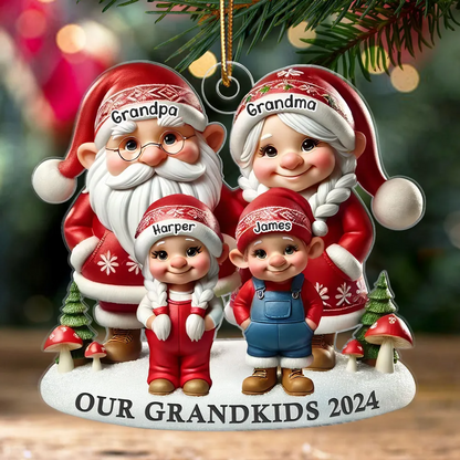 3D Effect Gnome Grandma Grandpa And Grandkids Christmas Personalized Flat Acrylic Ornament