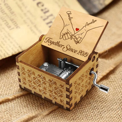 Couple Hand In Hand Engraving Custom Song Mechanical Music Box, Couple Upload Photo Personalized Music Box, Unique Anniversary Valentine's Day Gift for Him, For Her