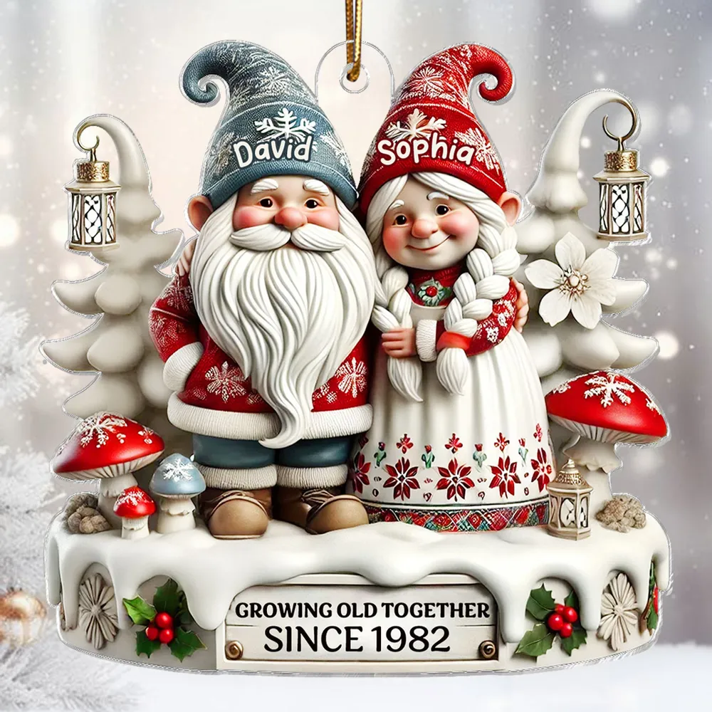 3D Effect Gnome Couple Together Christmas Personalized Flat Acrylic Ornament, Christmas Gift For Him, For Her, Husband, Wife