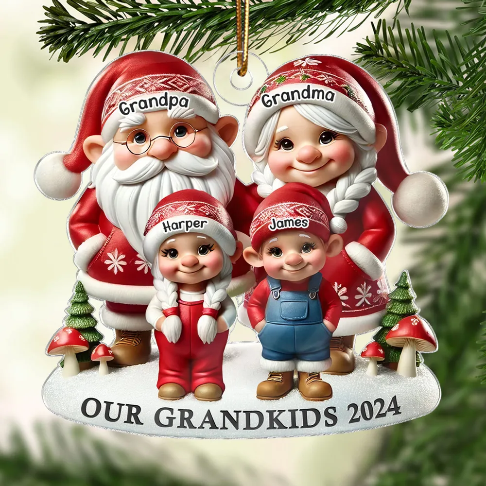 3D Effect Gnome Grandma Grandpa And Grandkids Christmas Personalized Flat Acrylic Ornament