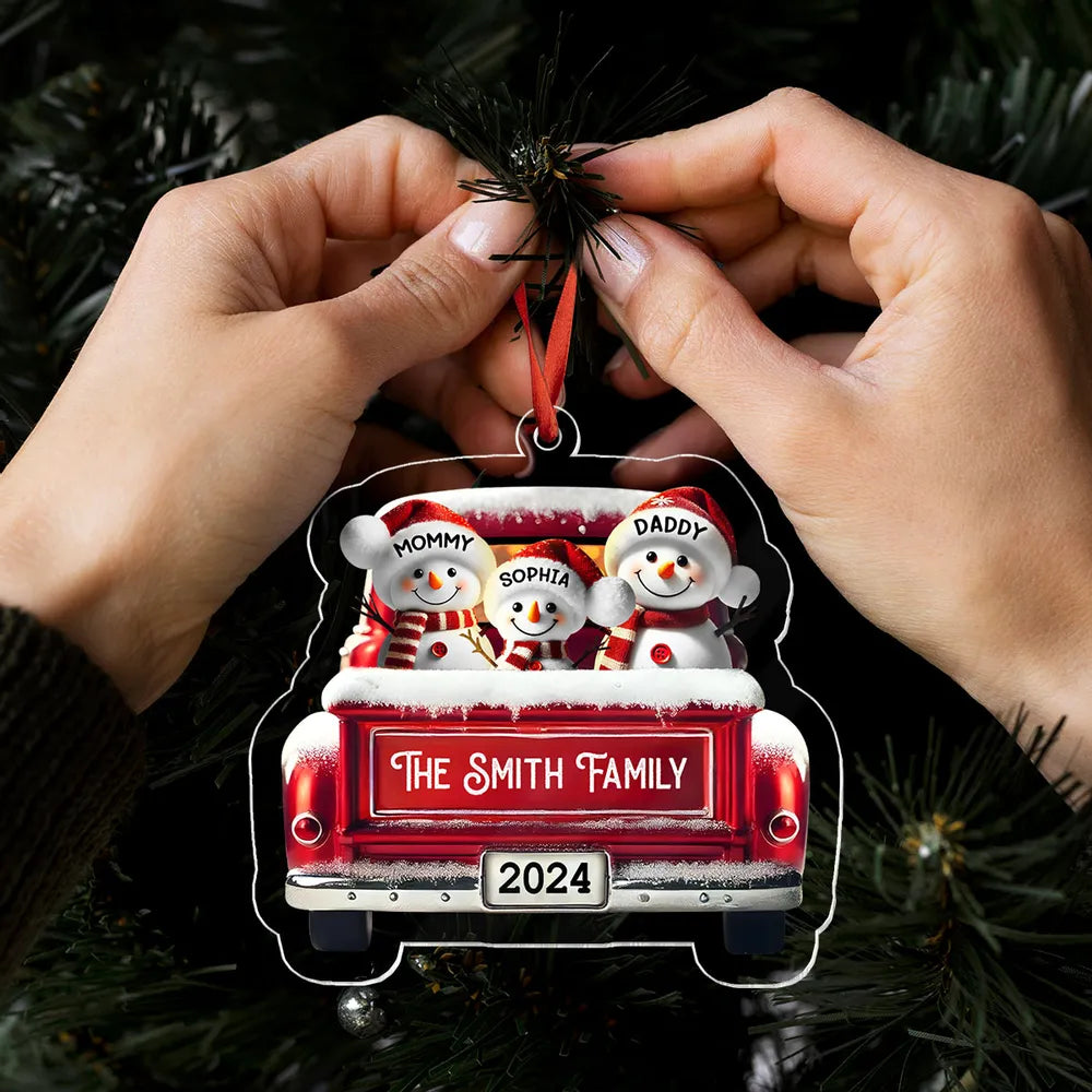 Personalized Snowman Family Acrylic Christmas Ornament, Red Truck Custom Name 3D Effect Ornament