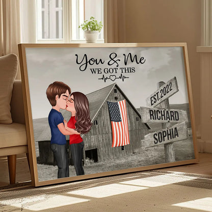 Retro Barn American Flag Thin Blue Line Hero Couple Personalized Poster, Anniversary Valentine's Day Gift For Him, Her, Husband, Wife, Proud Occupation