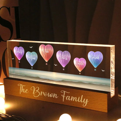 Personalized Family Heart Air Balloons At Beach Acrylic Block LED Night Light, Gift for Family, Dad, Mom, Wife, Husband