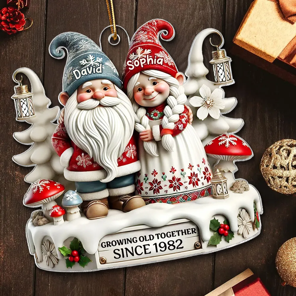 3D Effect Gnome Couple Together Christmas Personalized Flat Acrylic Ornament, Christmas Gift For Him, For Her, Husband, Wife