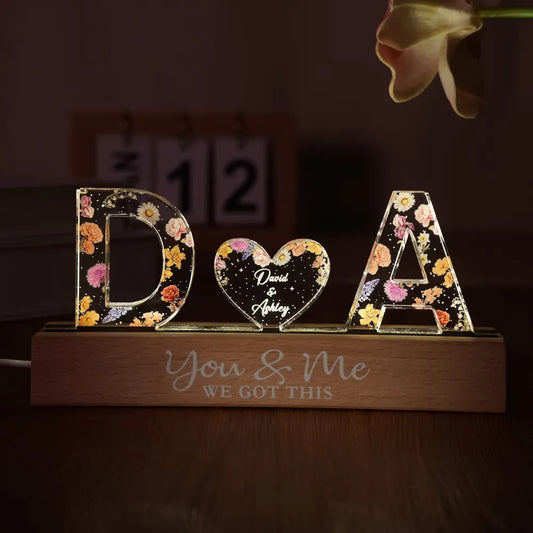 Couple Initials Floral Theme Anniversary Gift Personalized Acrylic Block LED Night Light