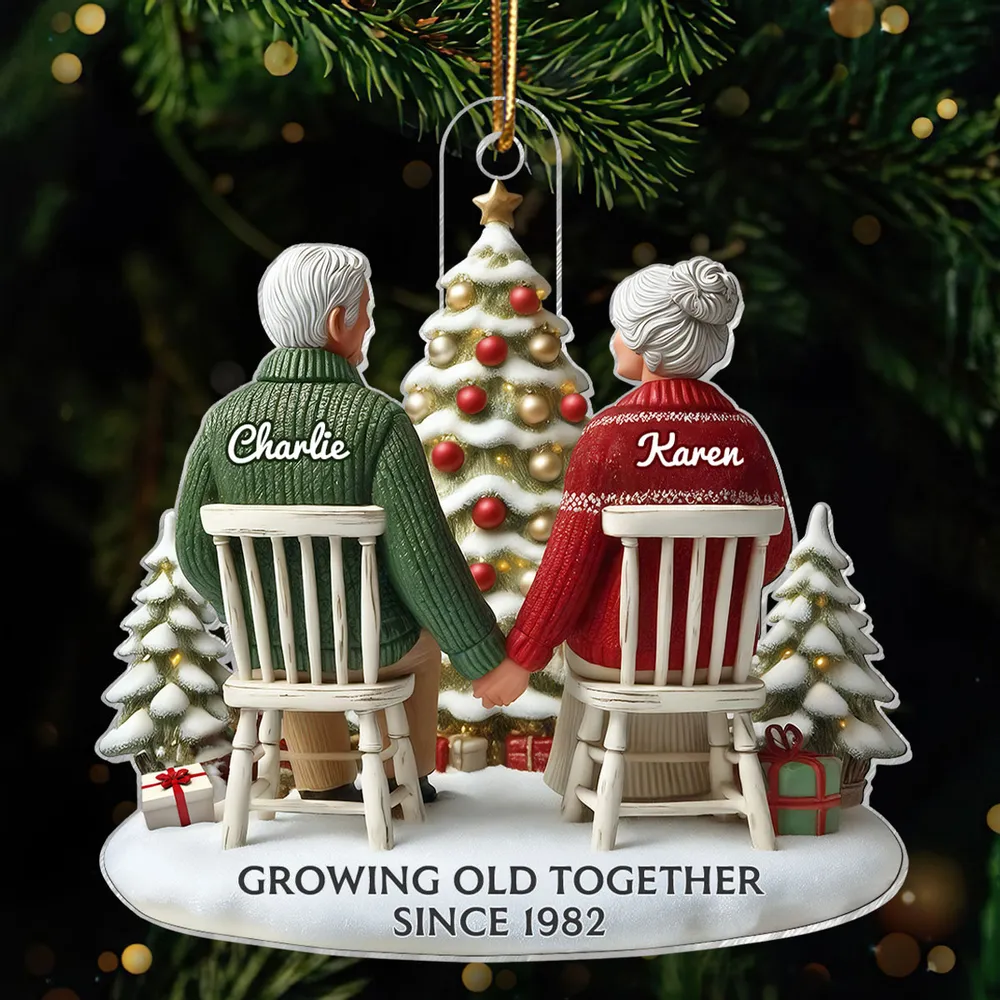 3D Effect Old Couple Growing Old Together Christmas Personalized Flat Acrylic Ornament, Christmas Gift For Him, For Her, Husband, Wife