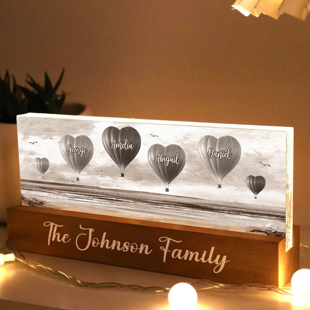 Personalized Family Heart Air Balloons At Beach Acrylic Block LED Night Light, Gift for Family, Dad, Mom, Wife, Husband