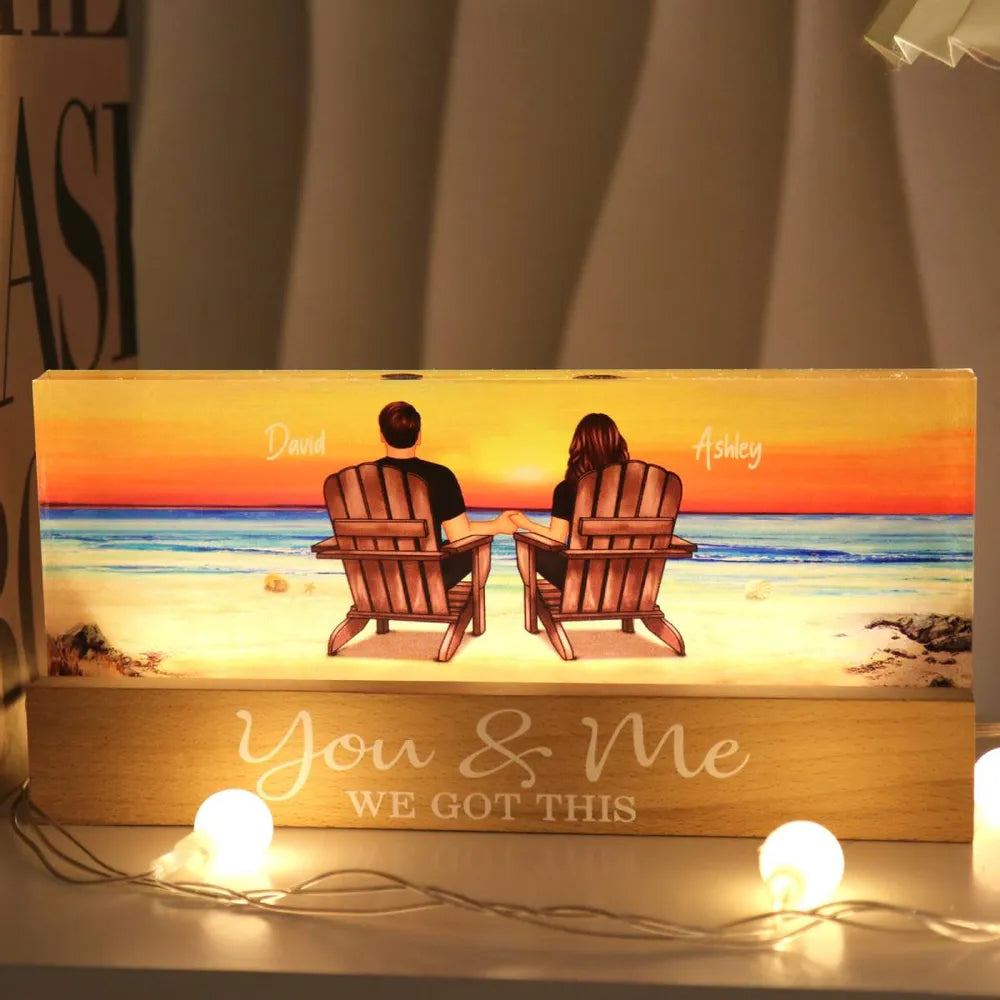 Couple Sitting At Beach Retro Personalized LED Night Light, Anniversary Gift For Couple, Husband, Wife, Dad, Mom