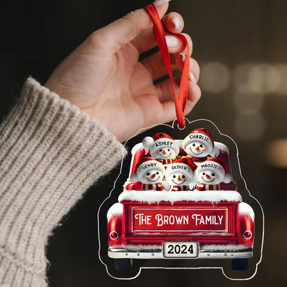 Personalized Snowman Family Acrylic Christmas Ornament, Red Truck Custom Name 3D Effect Ornament