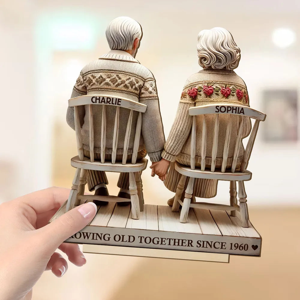 3D Effect Old Couple Holding Hands Sitting Together Personalized Standing Wooden Plaque, Heartfelt Anniversary Gift, Valentine's Day Gift For Couple, For Him, For Her, Husband, Wife