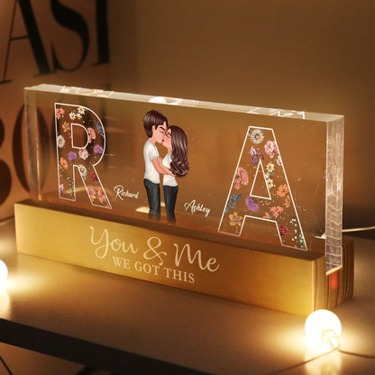 Couple Initials Floral Theme Couple Kissing Anniversary Gift Personalized Acrylic Block LED Night Light