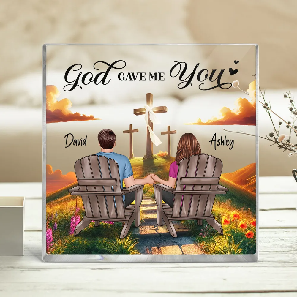 Cross God Knew My Heart Needed You Old Couple Sitting Together Personalized Acrylic Block Plaque, Anniversary Valentine's Day Gift For Him, Her, Husband, Wife