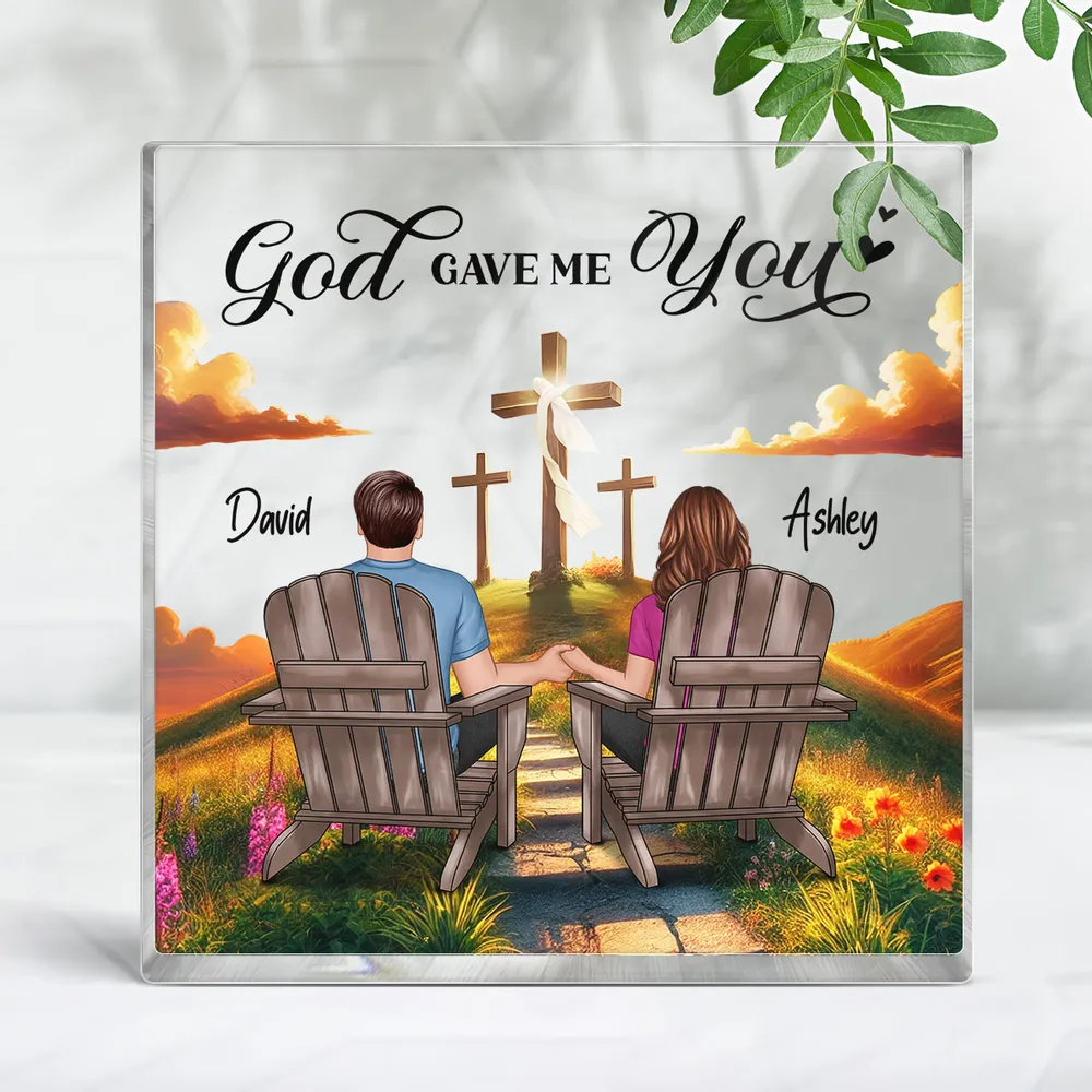 Cross God Knew My Heart Needed You Old Couple Sitting Together Personalized Acrylic Block Plaque, Anniversary Valentine's Day Gift For Him, Her, Husband, Wife