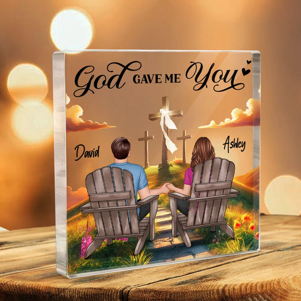 Cross God Knew My Heart Needed You Old Couple Sitting Together Personalized Acrylic Block Plaque, Anniversary Valentine's Day Gift For Him, Her, Husband, Wife