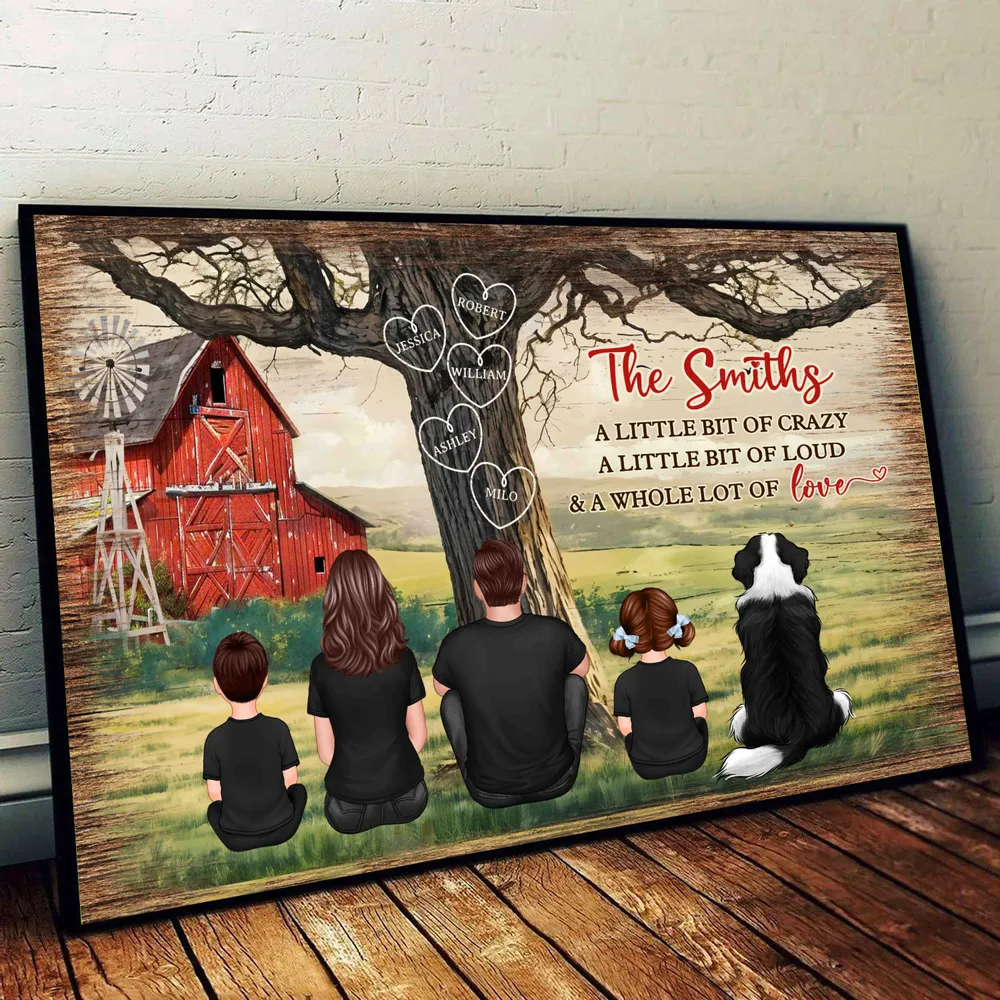 Personalized Family Sitting Back View Tree Farmhouse Poster, Wall Art Decor, Family Gift