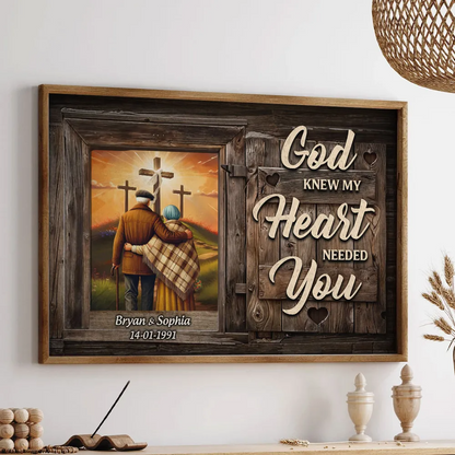 Cross God Knew My Heart Needed You Old Couple Walking Hugging Personalized Poster, Anniversary Valentine's Day Gift For Him, Her, Husband, Wife