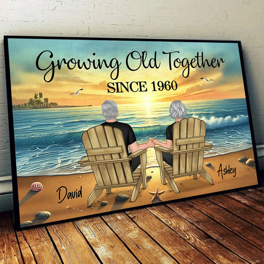 Old Couple Sitting Together Sunset Beach Landscape Personalized Poster, Heartfelt Gift For Couple, For Him, For Her, Husband, Wife