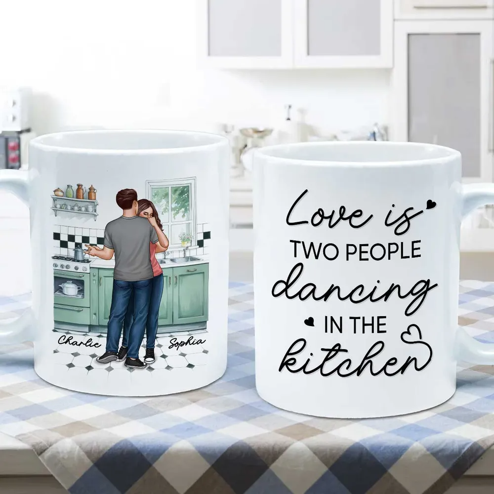 Love Is Two People Dancing In The Kitchen Couple Personalized Mug, Gift For Him, For Her, Boyfriend, Girlfriend, Husband, Wife