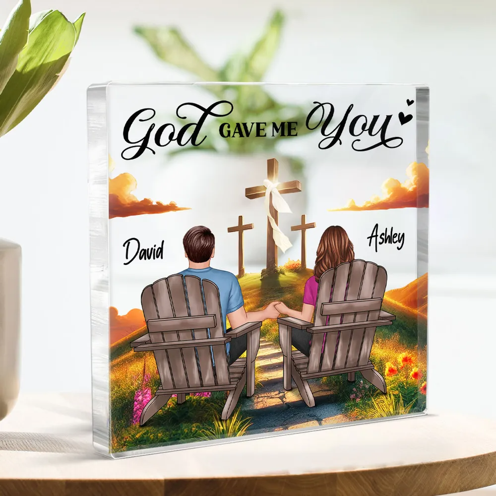 Cross God Knew My Heart Needed You Old Couple Sitting Together Personalized Acrylic Block Plaque, Anniversary Valentine's Day Gift For Him, Her, Husband, Wife