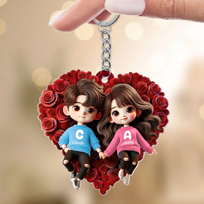 Cute Couple Lying On Rose Heart Personalized Acrylic Keychain, Gift for him, Gift for her