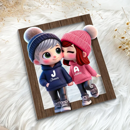 Cute Cartoon Couple Walking Personalized Wooden Plaque, Gift for him, Gift for her