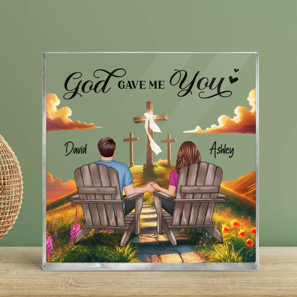 Cross God Knew My Heart Needed You Old Couple Sitting Together Personalized Acrylic Block Plaque, Anniversary Valentine's Day Gift For Him, Her, Husband, Wife