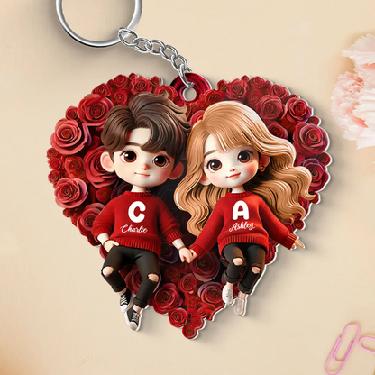 Cute Couple Lying On Rose Heart Personalized Acrylic Keychain, Gift for him, Gift for her