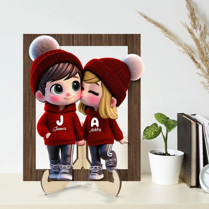 Cute Cartoon Couple Walking Personalized Wooden Plaque, Gift for him, Gift for her