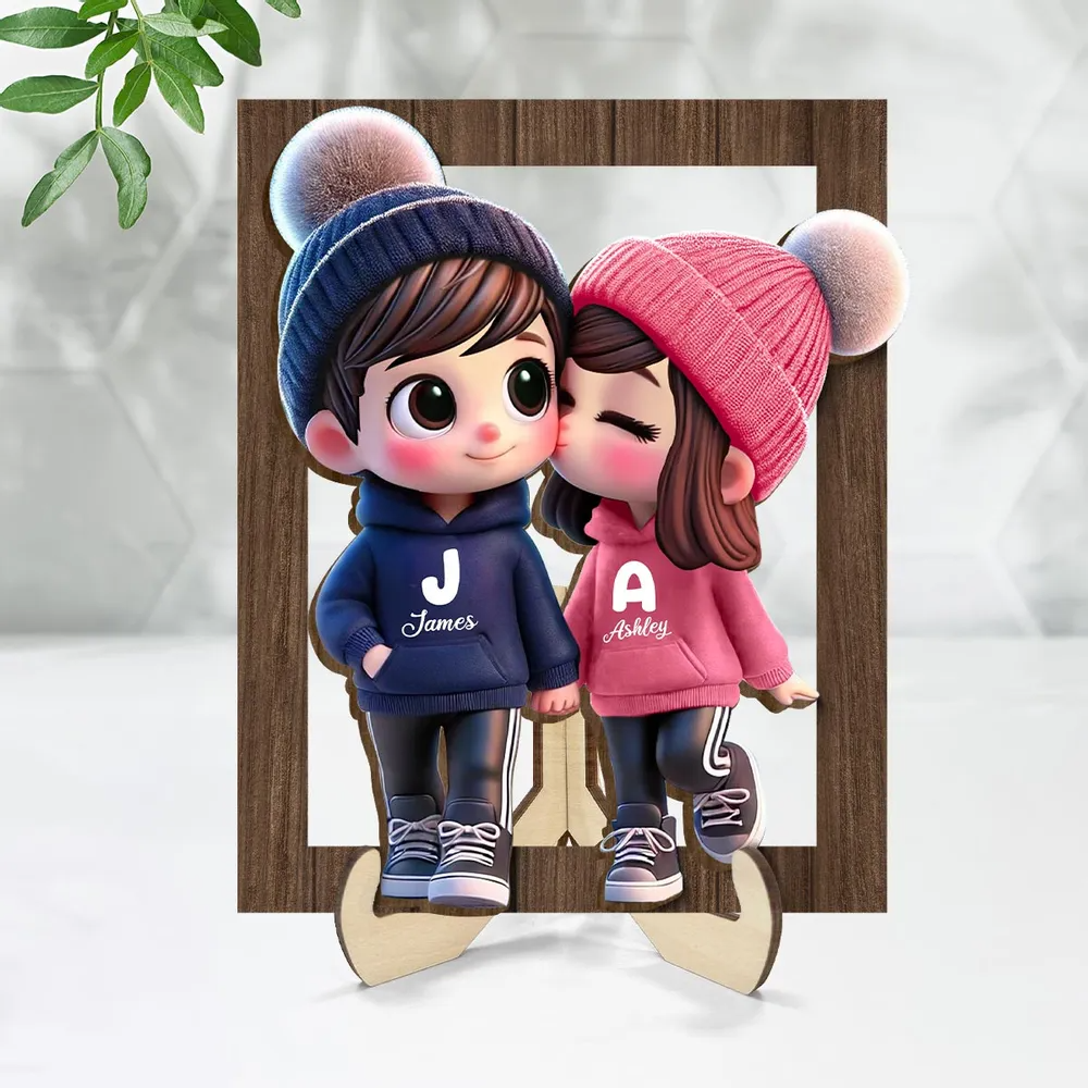 Cute Cartoon Couple Walking Personalized Wooden Plaque, Gift for him, Gift for her